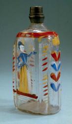 Schnapsflasche aus Klarglas mit Zinnschraubverschluss. Beschriftung «MEIN LEBEN SEI DIR DARGEGEBEN» (um 1750-1800).