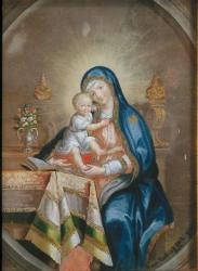 Hinterglasgemälde. Thronende Muttergottes mit dem Jesuskind. Anna Barbara Abesch, Sursee, 1754.